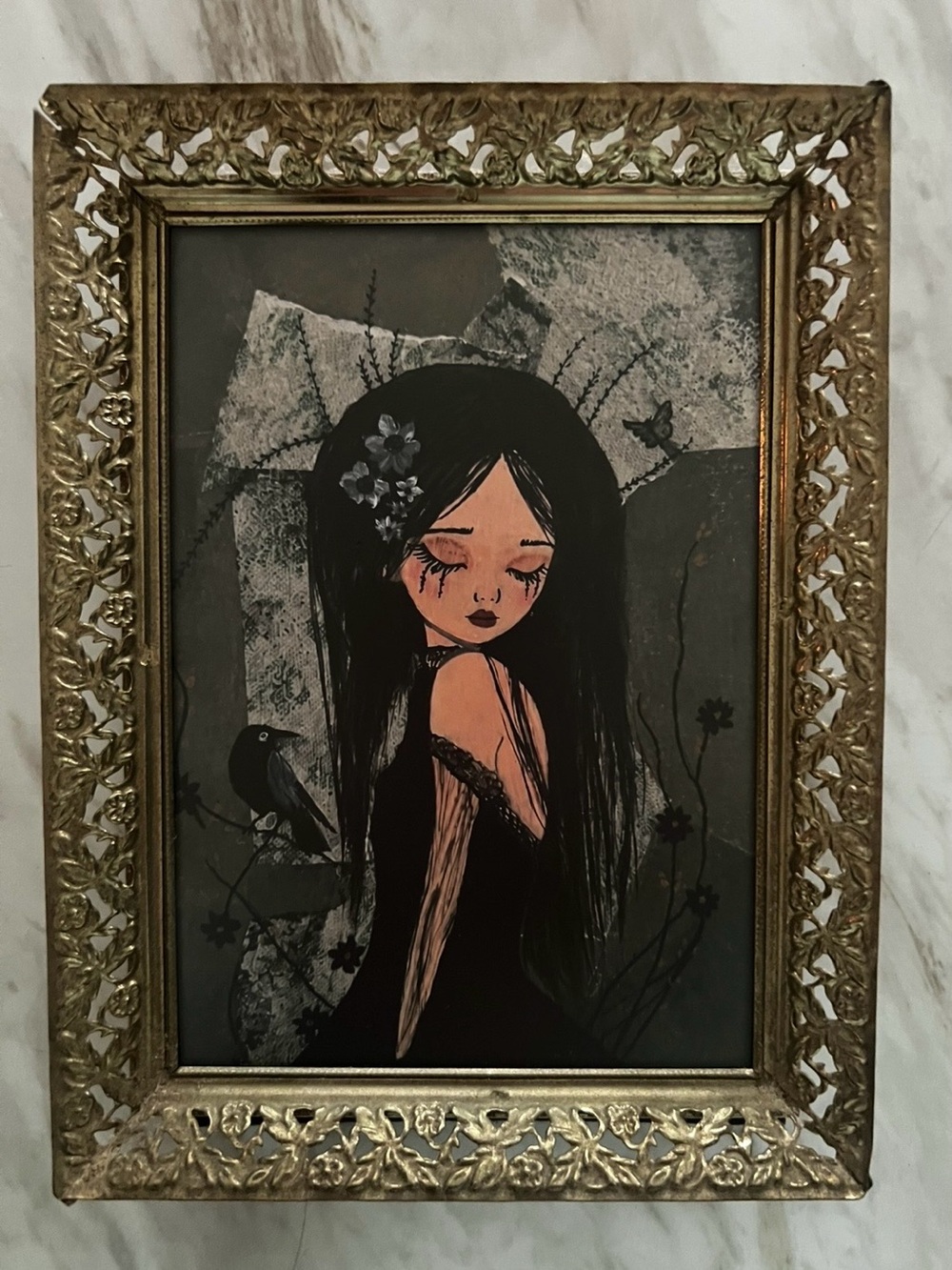 Framed Gothic Girl Art Print in Black and Gold